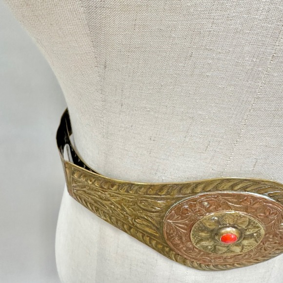 Vintage Brass & Copper Etched Metal Belt  Red Cabochon Centerpiece Made in India